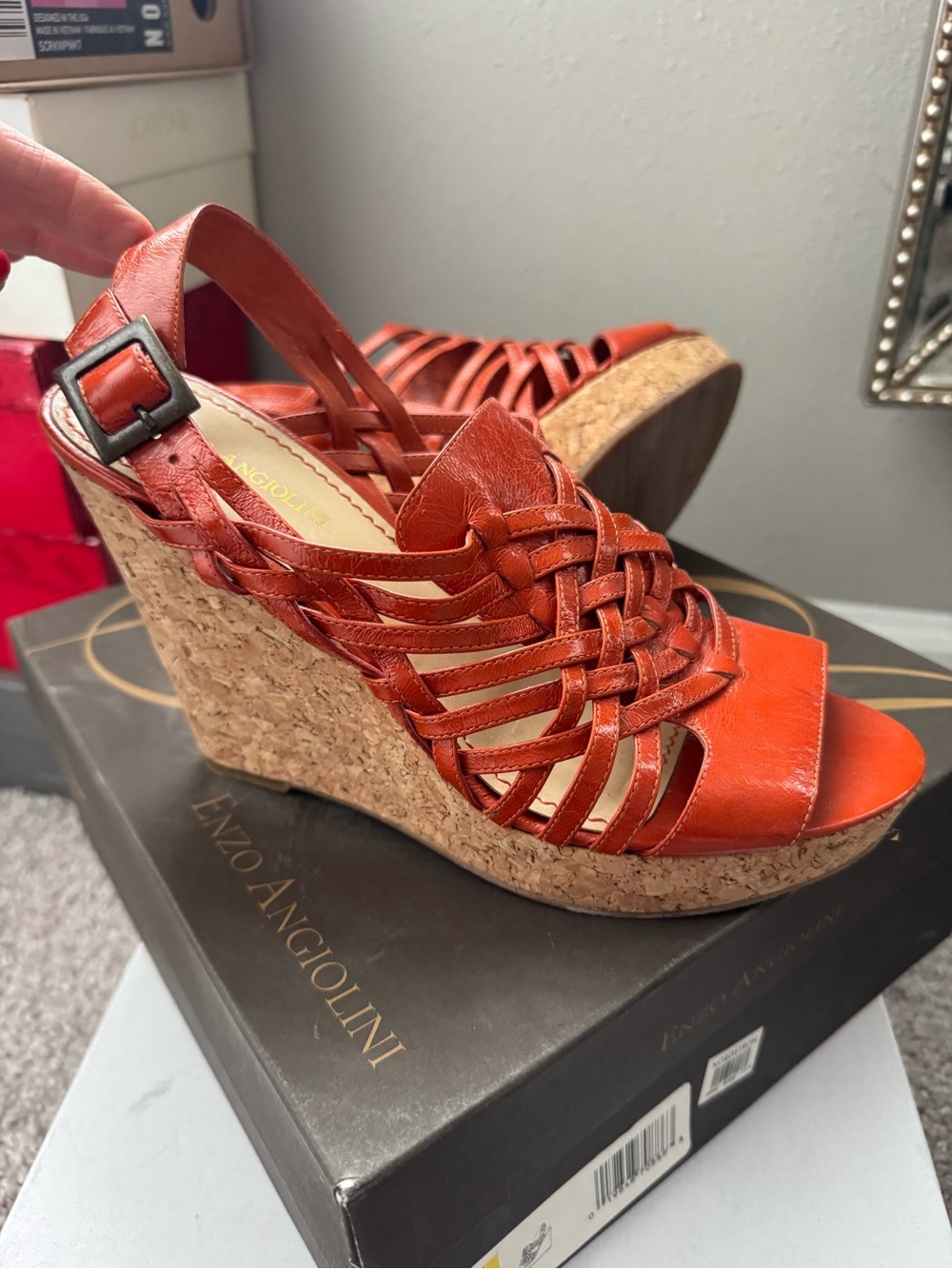Enzo Angiolini Red-Orange Leather Woven Cork Wedges